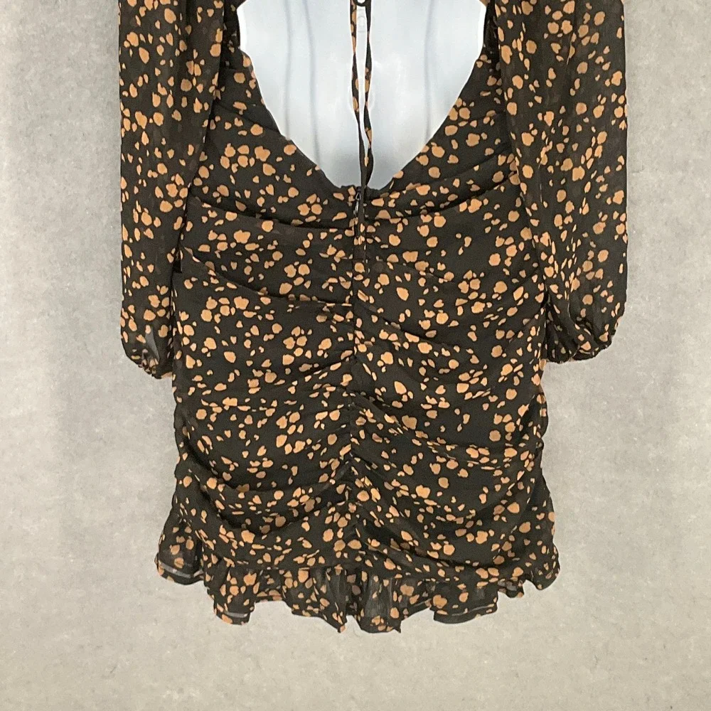 All in Favor Dress Black Tan‎ Patterned Babydoll Cinched Open Back Sz M Party